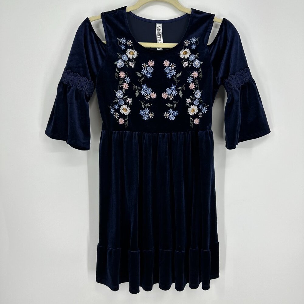 BEAUTEES Velvet Cold Shoulder Floral Embroidered Dress Girls Size 12 Navy Blue
